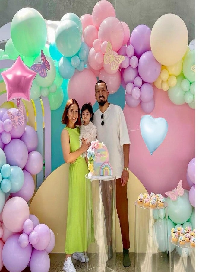 زينة عيد ميلاد الفتيات الأول بألوان قوس قزح الباستيل، بالونات كونفيتي ملونة بألوان الماكرون (وردي، أزرق، بنفسجي، أخضر، أصفر)، لافتة، نجمة، قلب، رقم 1، بالون فويل، ملصقات فراشة. - Image 4